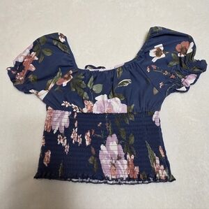 Floral Navy Blue Smocked Women's Top